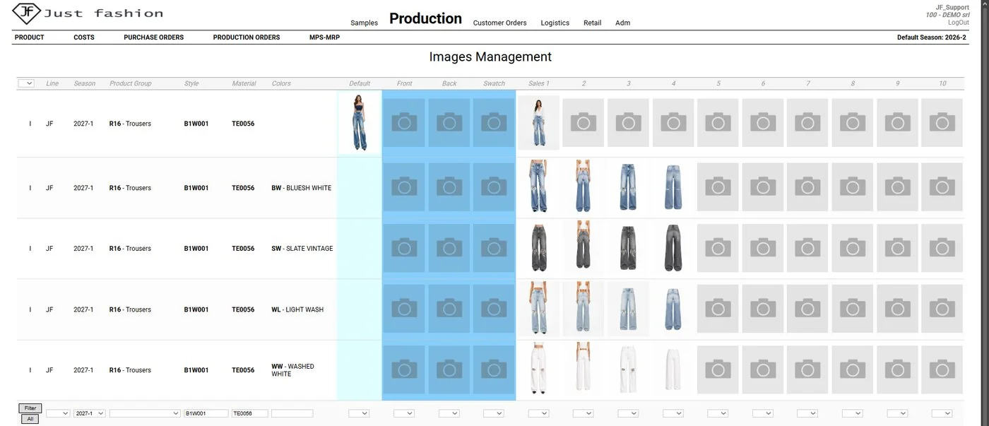 Just Fashion, Images Management screen: default, front, back, swatch and sales images for every colour variant