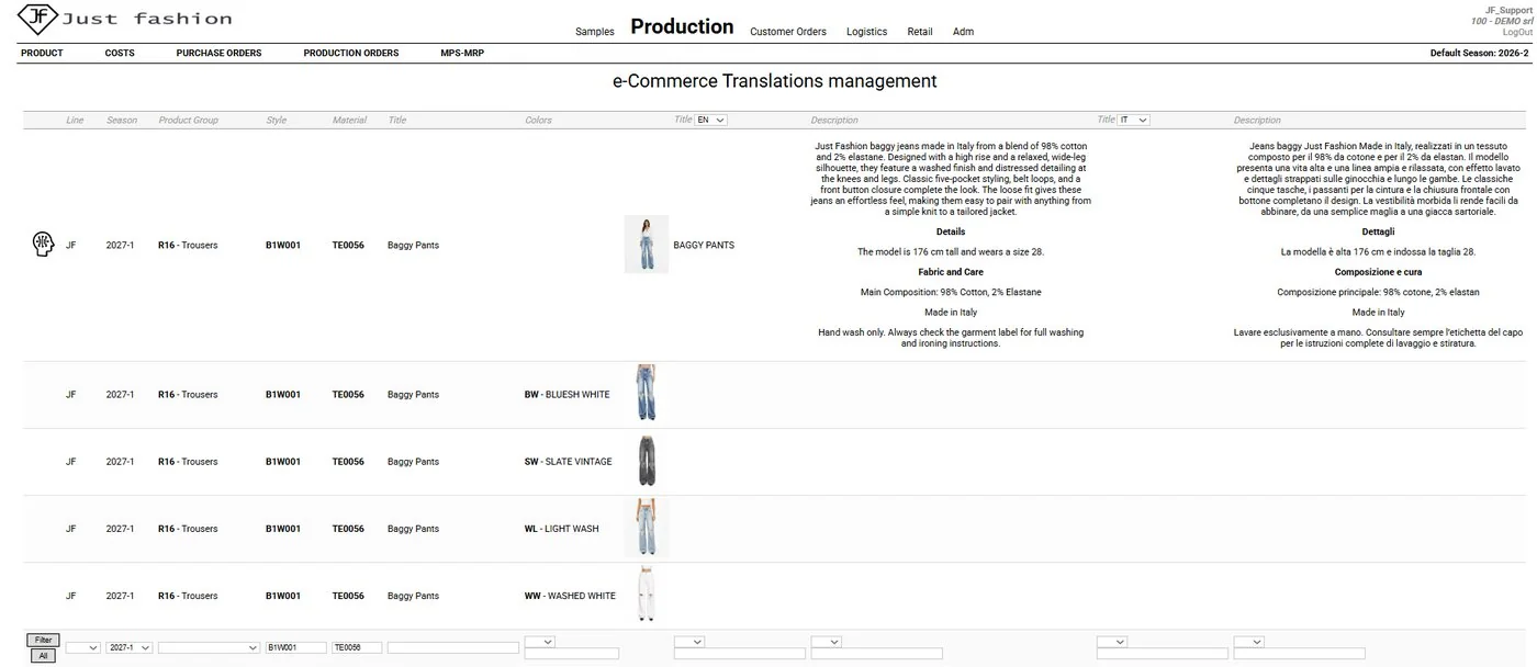 Just Fashion, e-Commerce Translations management screen: product title and description in English and Italian generated with AI