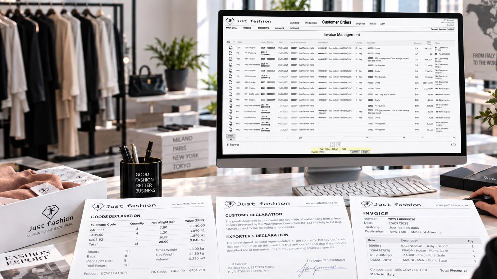 Just Fashion, invoice management with rule, document type and separate numbering for invoice, pro-forma, prepayment and credit note; printed goods declaration, CITES and exporter's declarations, and export invoice with composition and country of origin