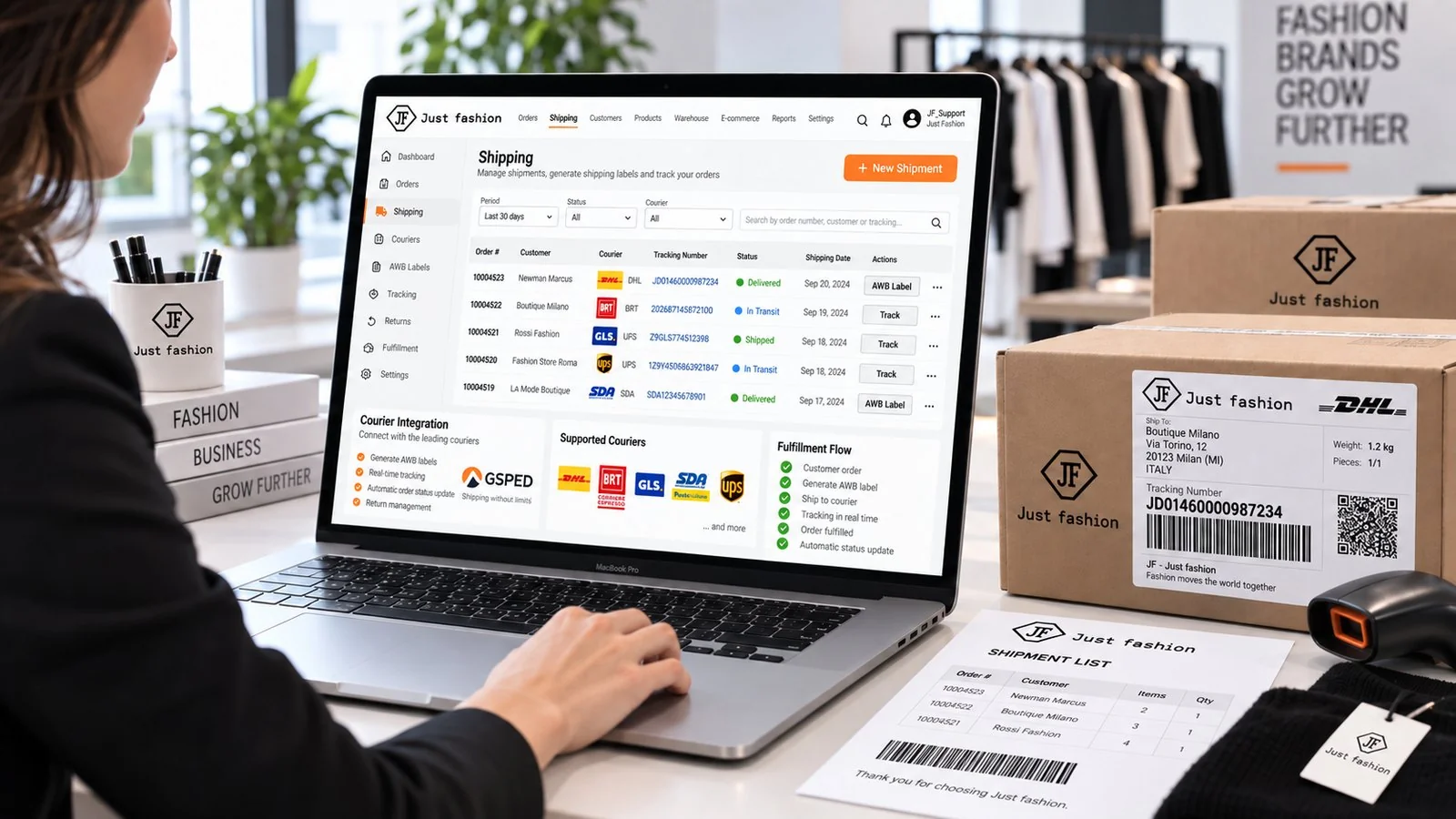 Just Fashion, Shipping: list of shipments with order, customer, carrier, tracking number, status and date, multi-carrier integration, AWB label and fulfilment flow