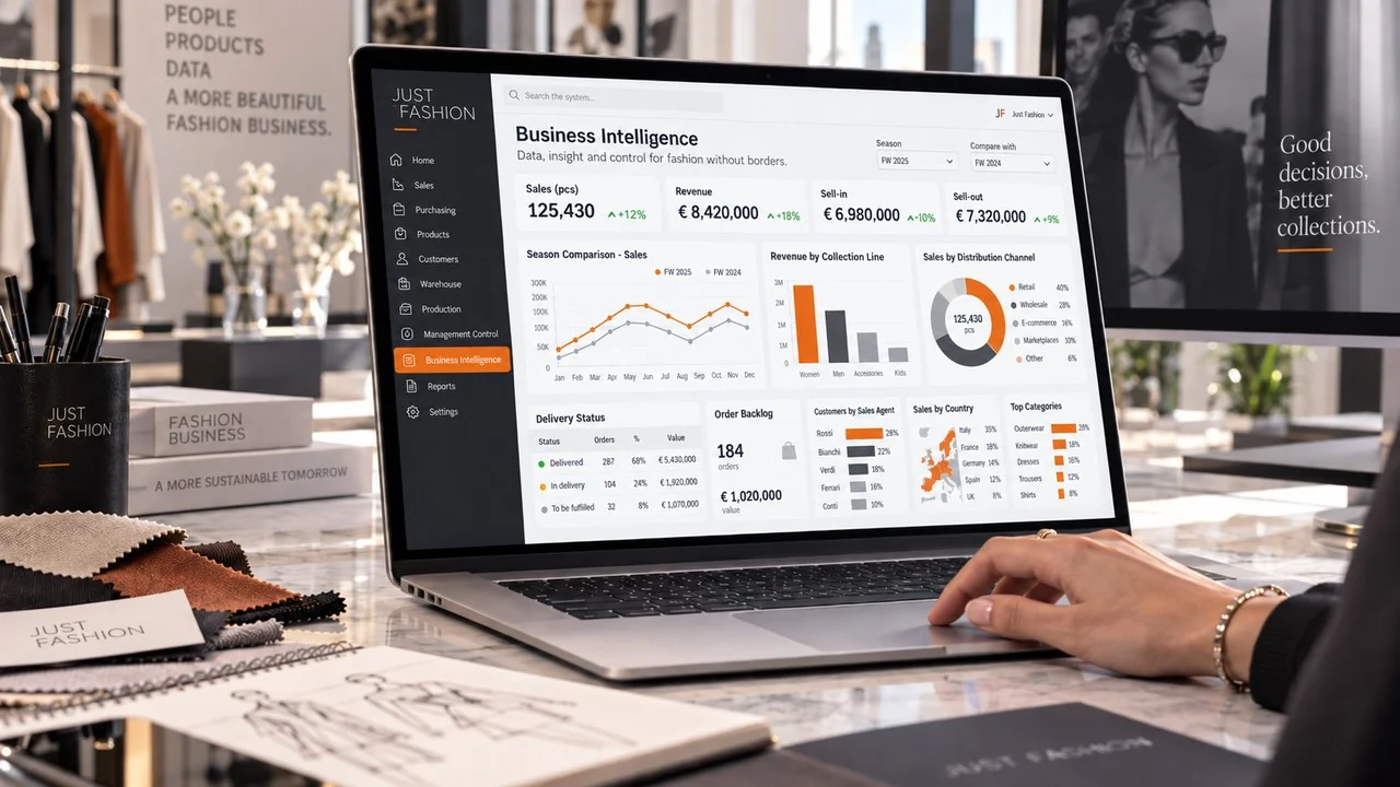 Just Fashion Business Intelligence: sales, turnover, sell-in and sell-out, season comparison, distribution channels, delivery status and order backlog