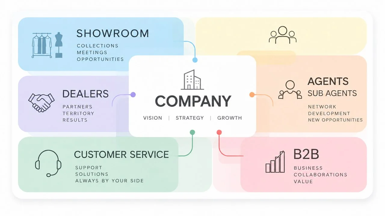 The sales network around the company: showrooms, dealers, agents and sub-agents, customer service and B2B channel
