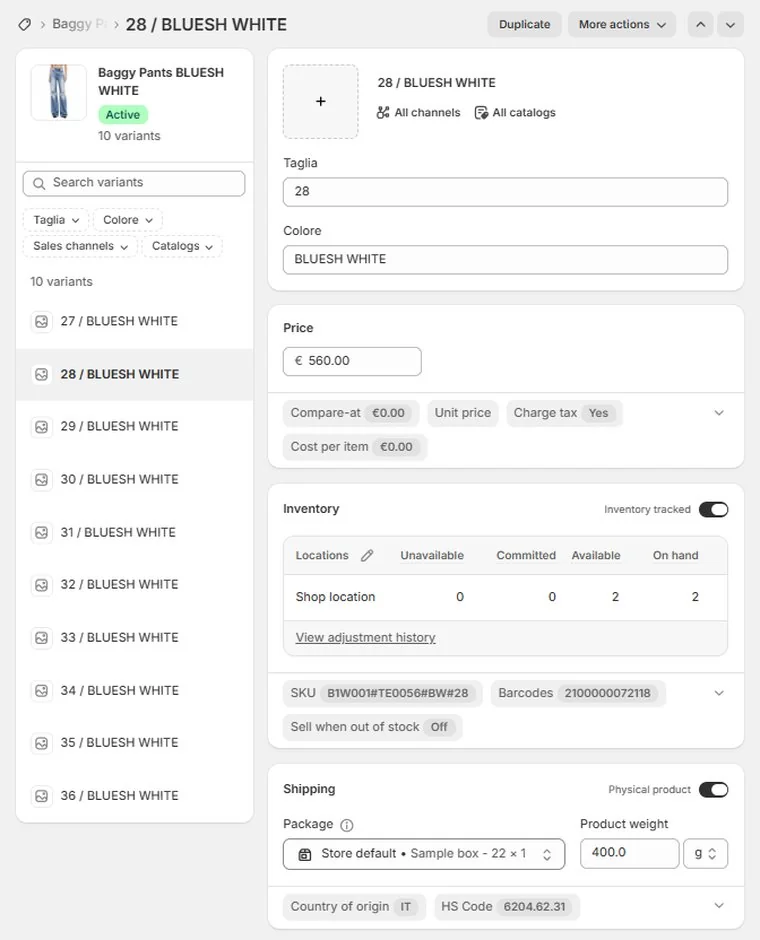 Shopify product page created by Just Fashion: size and colour variants, price, inventory, SKU, barcode, weight, country of origin and HS code