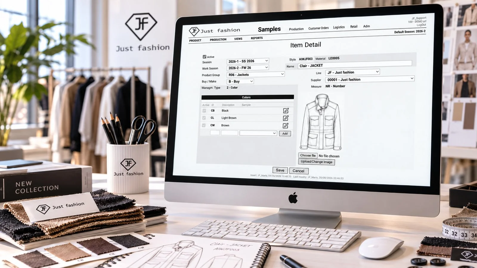 Just Fashion, Samples: item detail with season, work season, product group, line, supplier, sample colours table and technical drawing of the style