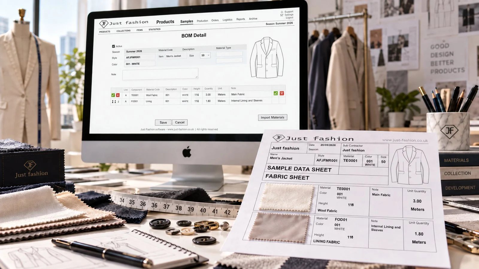 Just Fashion Samples Management: prototype technical data sheet and bill of materials with fabric swatches